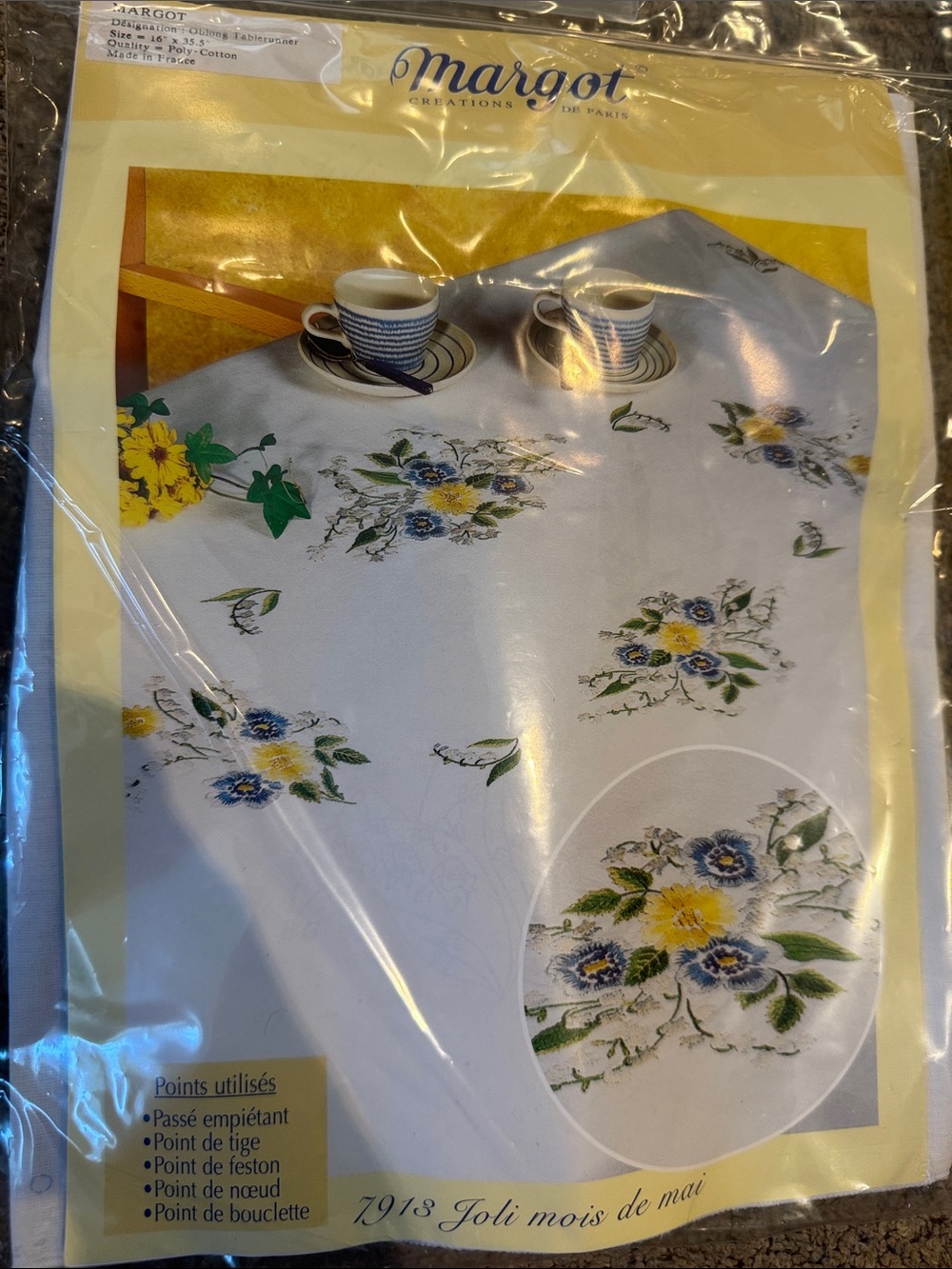 margot White Table Linen with Yellow and Blue Floral Motifs thread included